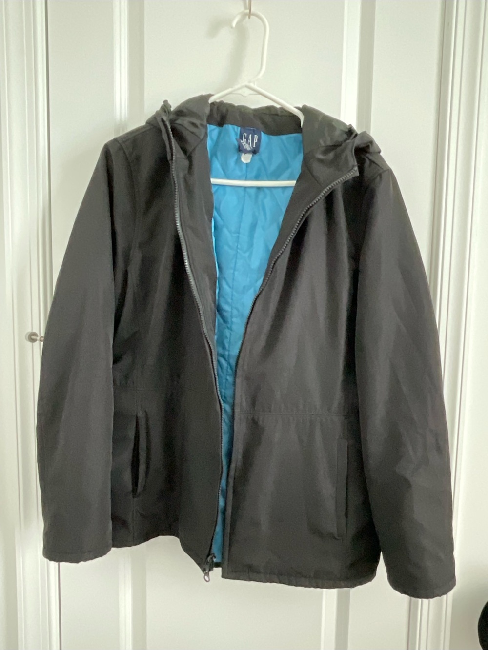 GAP Black Hooded Raincoat with Blue Quilted Lining